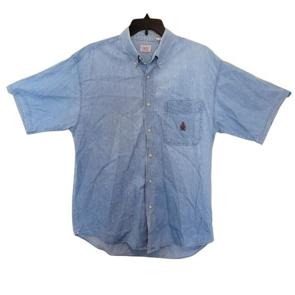 VTG Bugle Boy Denim T-shirt Large Light Blue SS Embroidered Logo Front Pocket